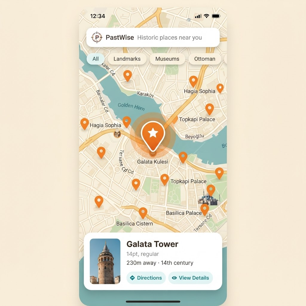 PastWise map view with orange pins marking nearby historic places